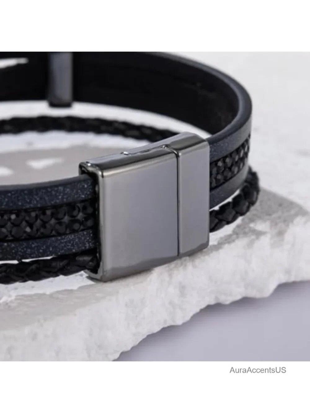 Braided Leather Wrap Bracelet Boho Rhinestone Cuff